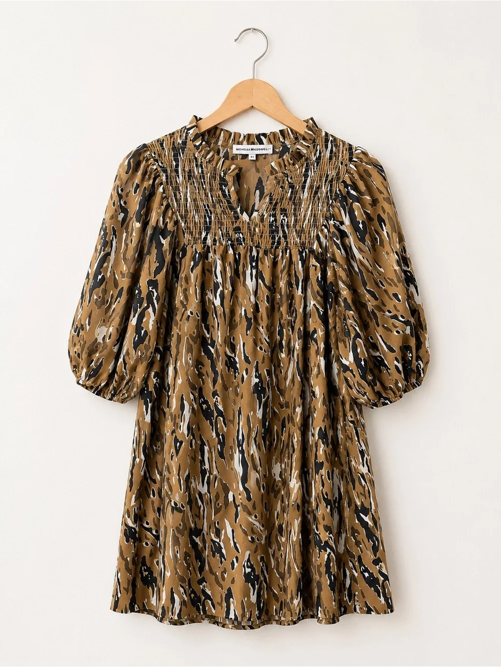Michelle McDowell Abstract Print Smocked Puff Sleeve Dress Small